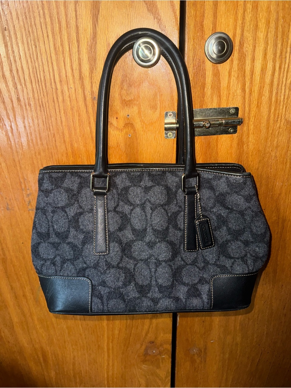 Coach Rare Gray Wool w/ Black Leather Trim Purse Tote 7721